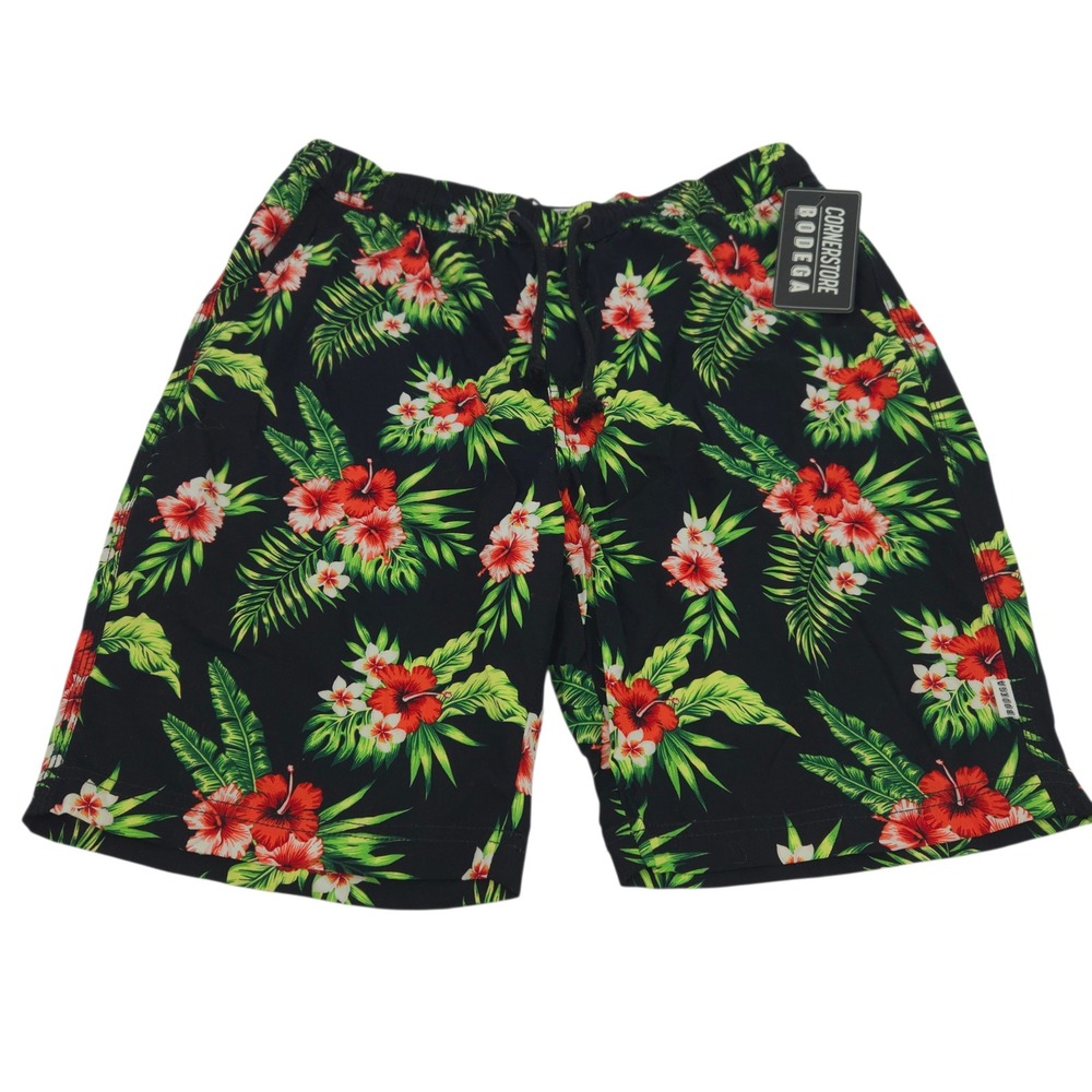 Cornerstore Bodega Floral Shorts Mens Large NWT Hibiscus Tropical Black Summer